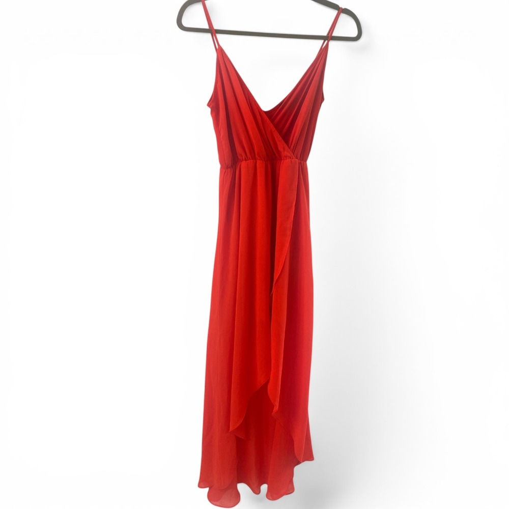 Bebe Red High Low Maxi Dress V-Neck Spaghetti Strap Chiffon XXS 70C5K101-L920